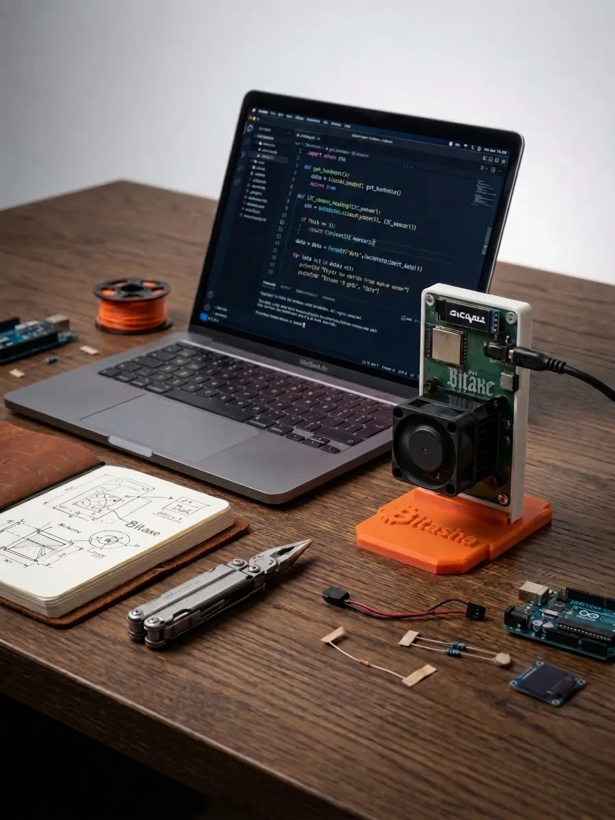 Bitaxe Gamma miner on a desk beside a laptop