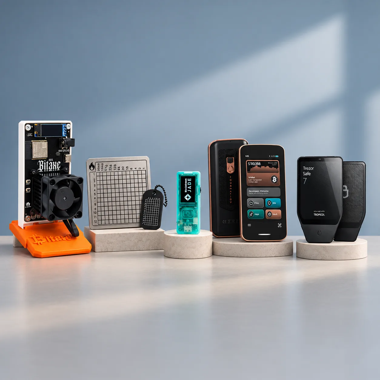 Bitasha hardware line-up: Bitaxe miner, Koshh metal backup and KoshhTag, Jade, a Foundation Passport and Trezor Safe wallets