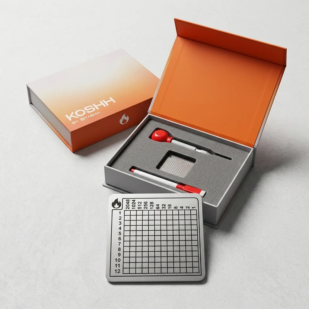 Open Koshh box with the metal seed plate, etching punch and marker