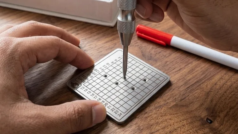 Hand punching a marked Koshh plate with the etching tool
