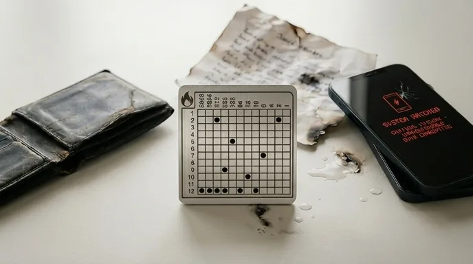 Burnt paper and a worn wallet beside a punched Koshh metal plate