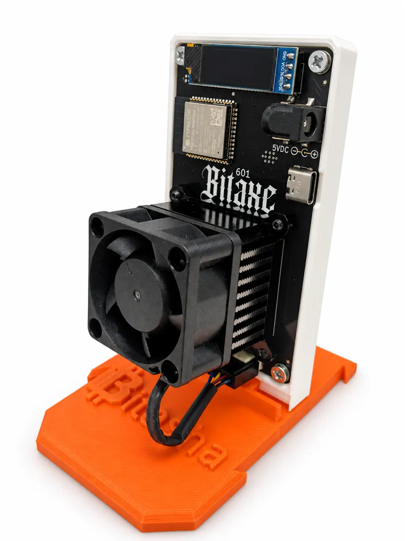 Bitaxe Gamma 601 on its orange Bitasha stand, side view