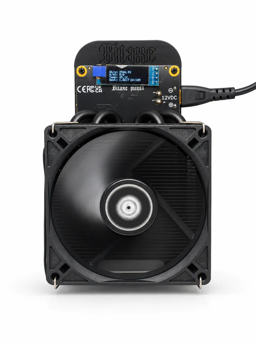 Bitaxe Gamma 801 dual-ASIC miner on its black stand, front view