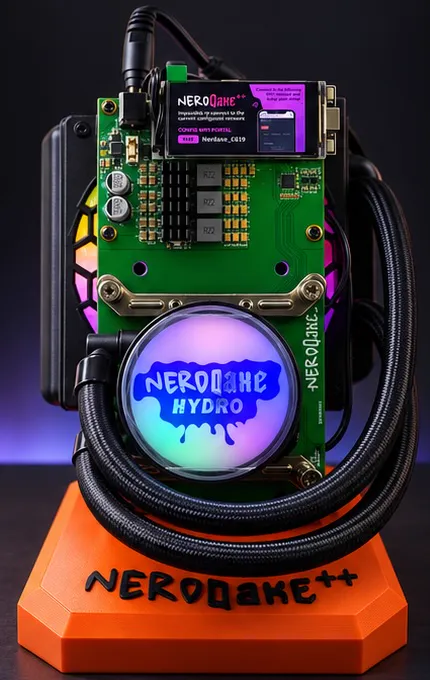 NerdQaxe++ Hydro miner with its illuminated water-cooling pump