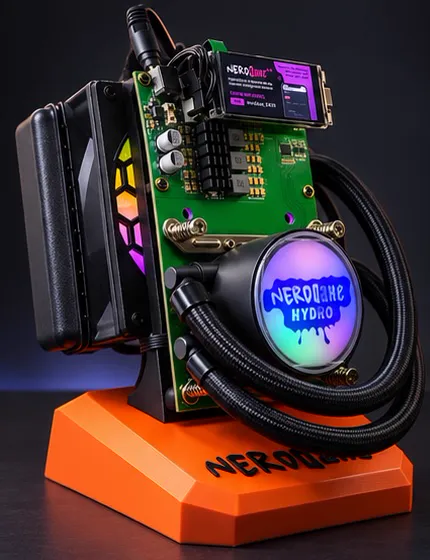 NerdQaxe++ Hydro miner and radiator, three-quarter view
