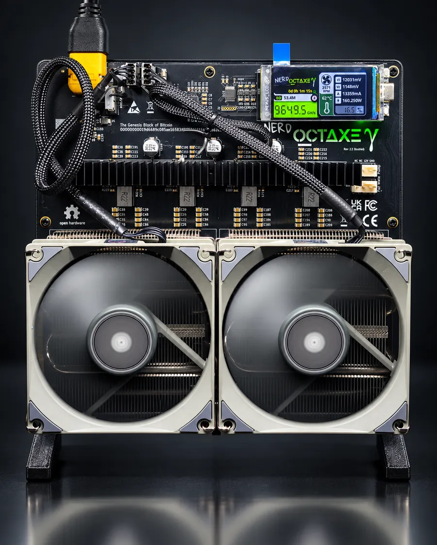 NerdOctaxe miner on a reflective surface, front view