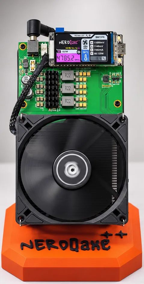 NerdQaxe++ four-ASIC miner on its orange base, front view