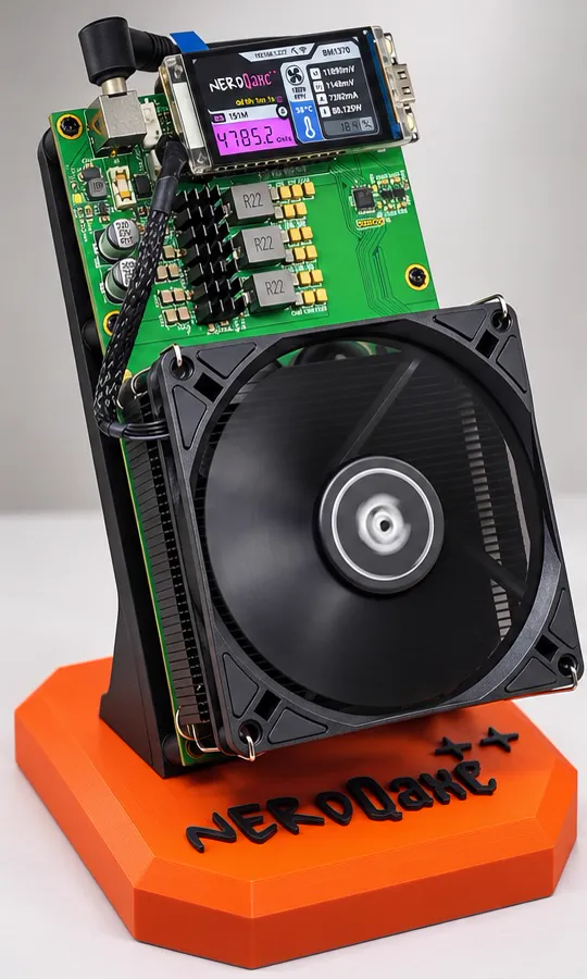 NerdQaxe++ miner on its orange base, three-quarter view