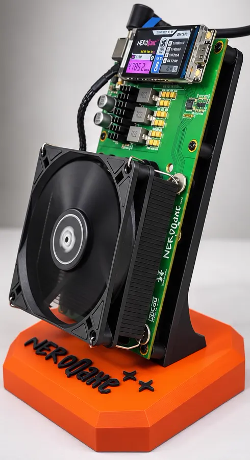 NerdQaxe++ miner on its orange base, side view
