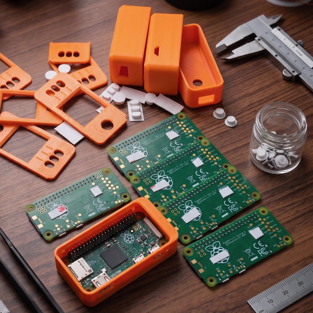 SeedSigner assembly: Raspberry Pi Zero boards and orange printed cases on a workbench