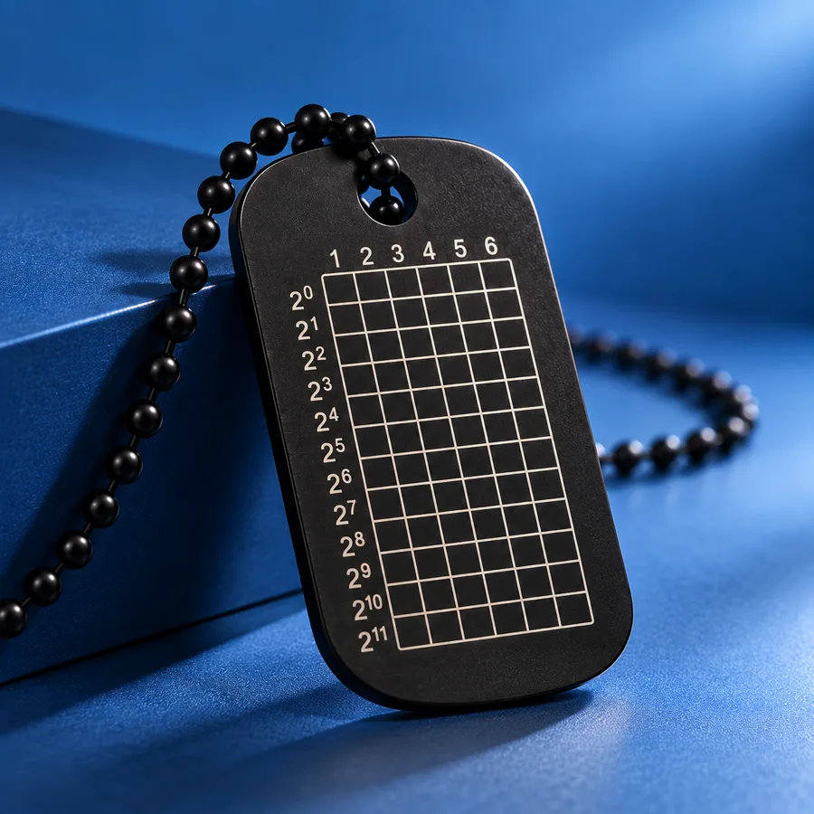 KoshhTag in the black finish, front view on its bead chain