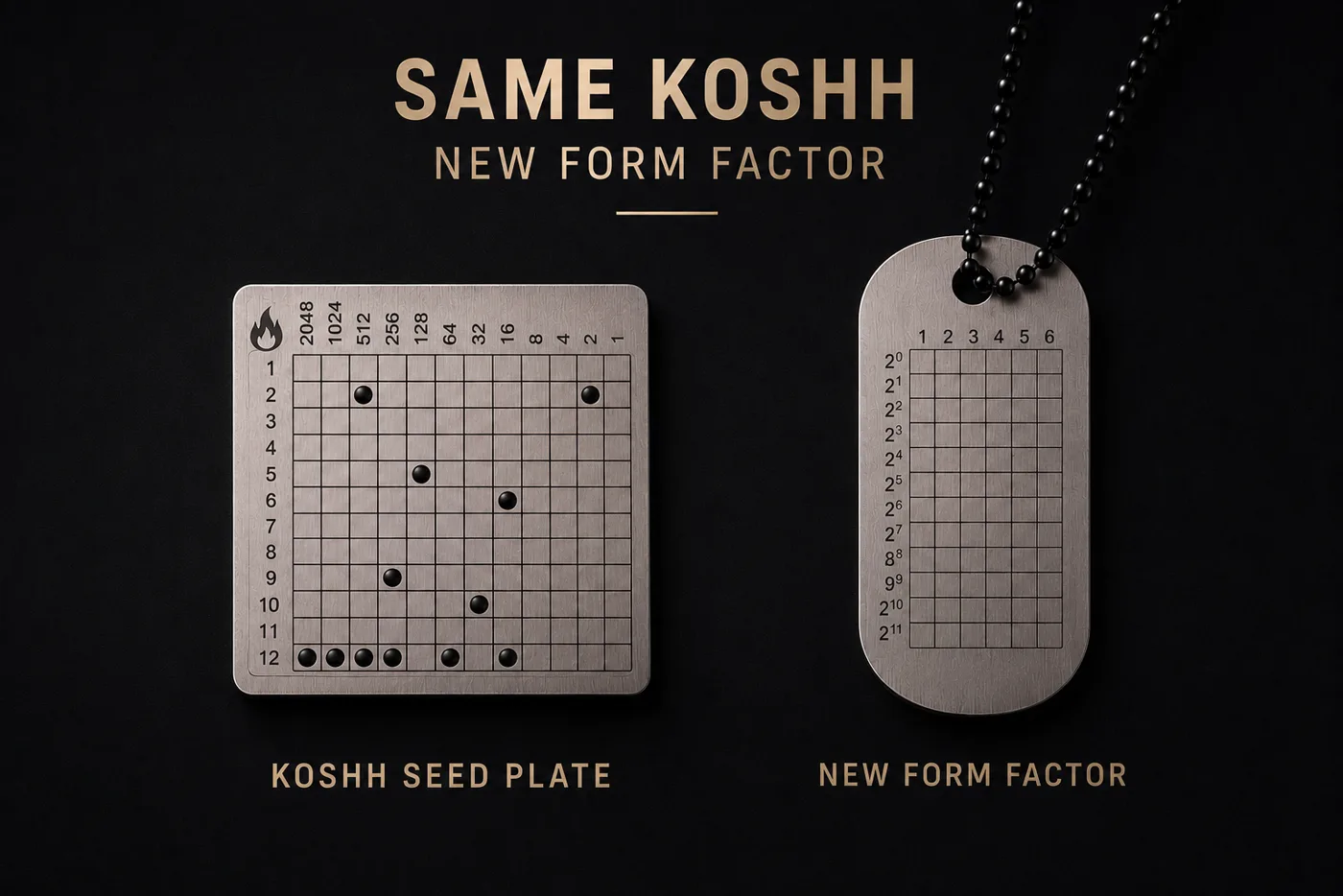 Koshh seed plate beside the Koshh Tag form factor