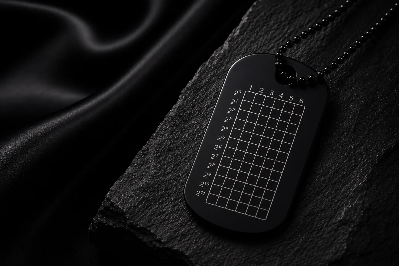 Black Koshh Tag on a dark slate surface