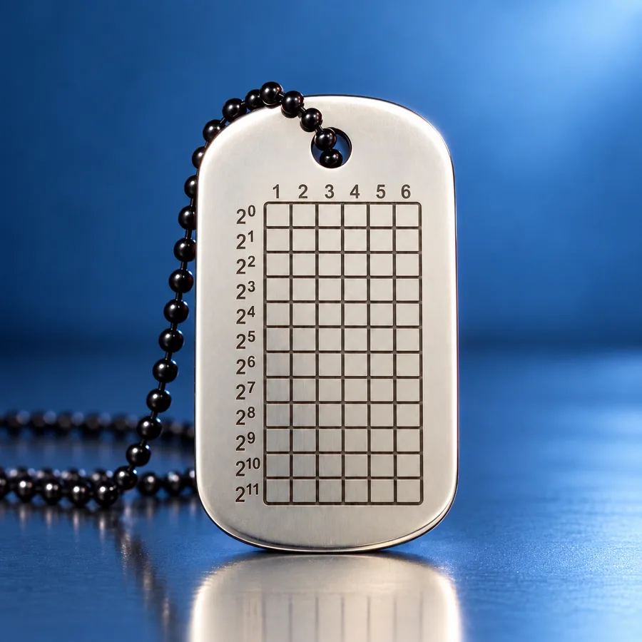 KoshhTag in the mirror finish, front view on its bead chain