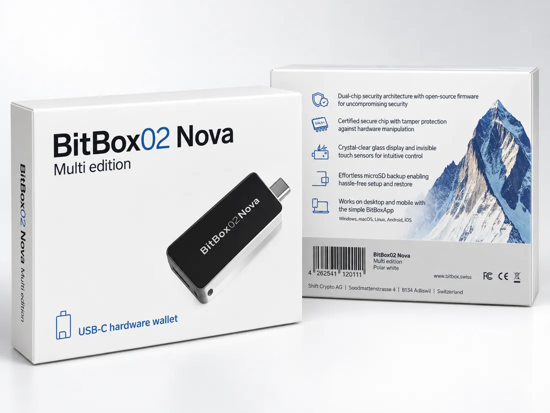 BitBox02 Nova Multi edition retail box with the device