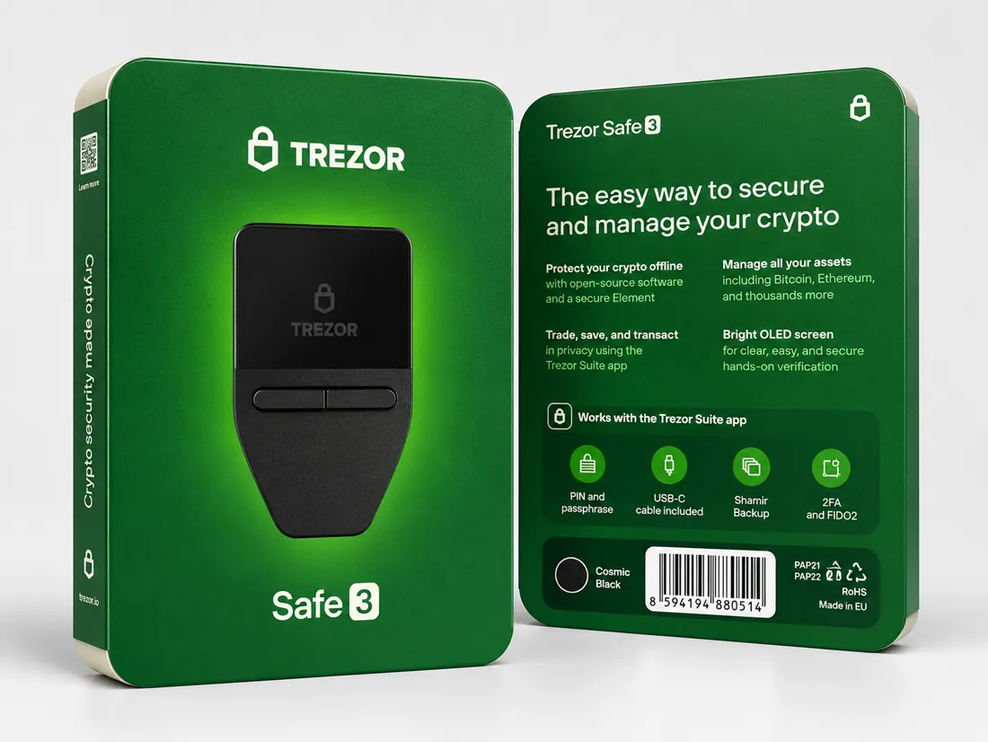 Trezor Safe 3 retail box, front and back